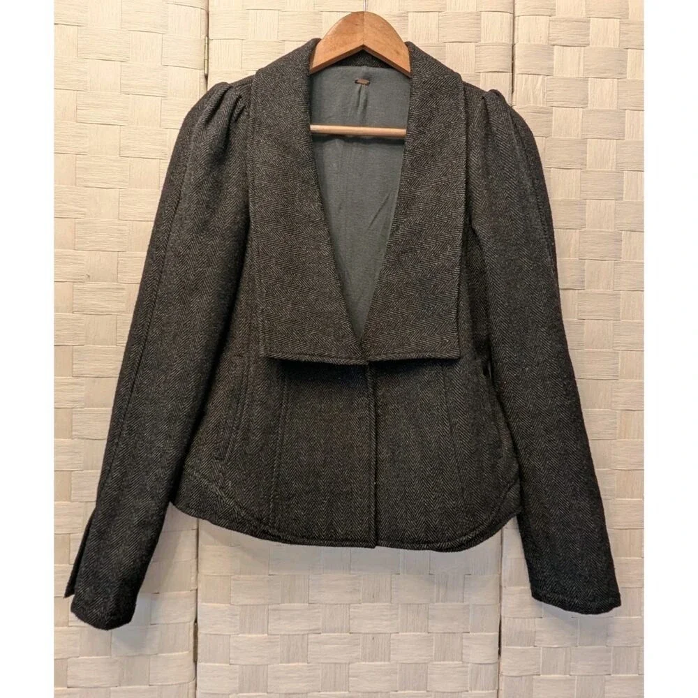 Free People Charcoal Herringbone Wool Blend Puff‎ Shoulder Blazer Jacket Gray